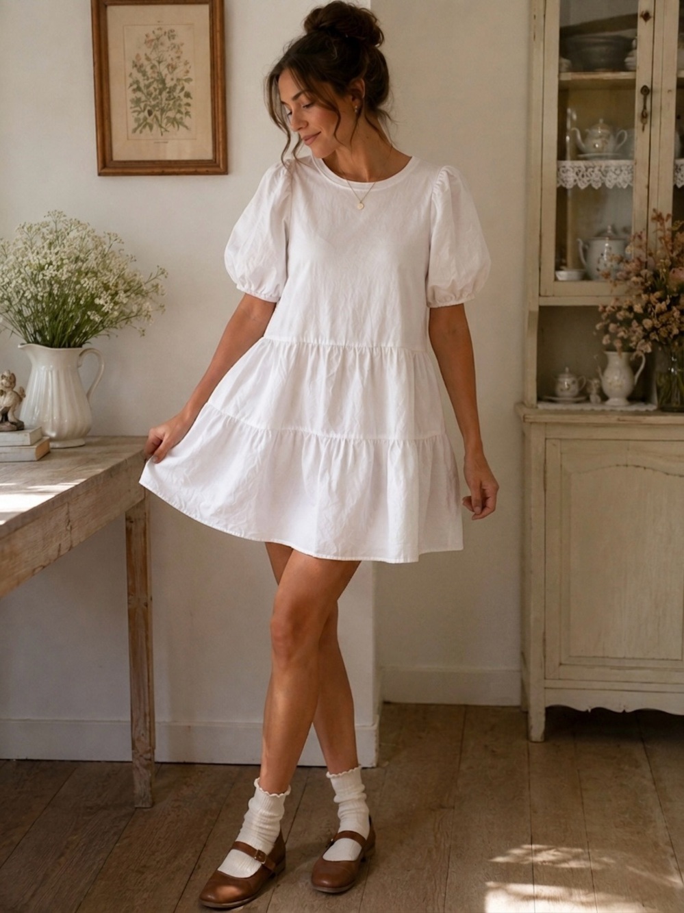 Zara White Puff Sleeve Tiered Mini Dress Size Medium Cottagecore Babydoll Poplin